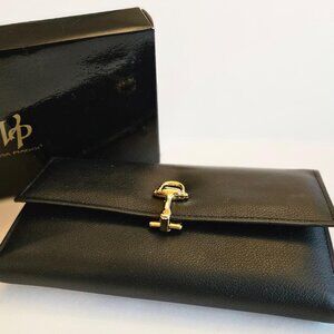 Via Piaggi black leather wallet w/ gold tone snap on horse bit detail.
